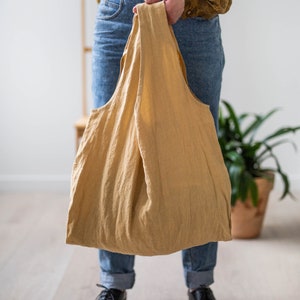 Linen tote bag. Linen shopping bag. Zero waste linen bag Mustard