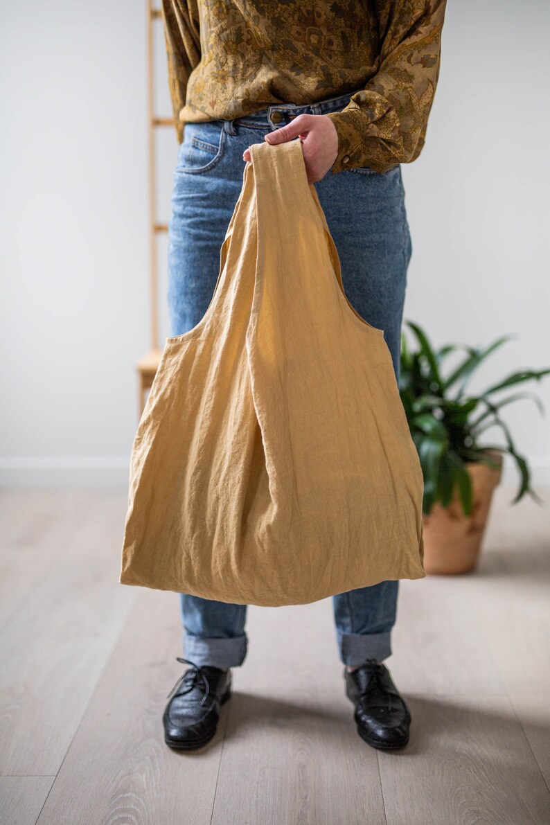 Linen tote bag. Linen shopping bag. Zero waste linen bag Mustard