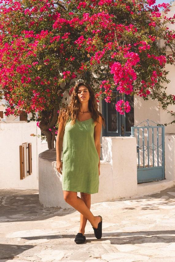 green linen slip dress Sense linen Dress | Bohomey
