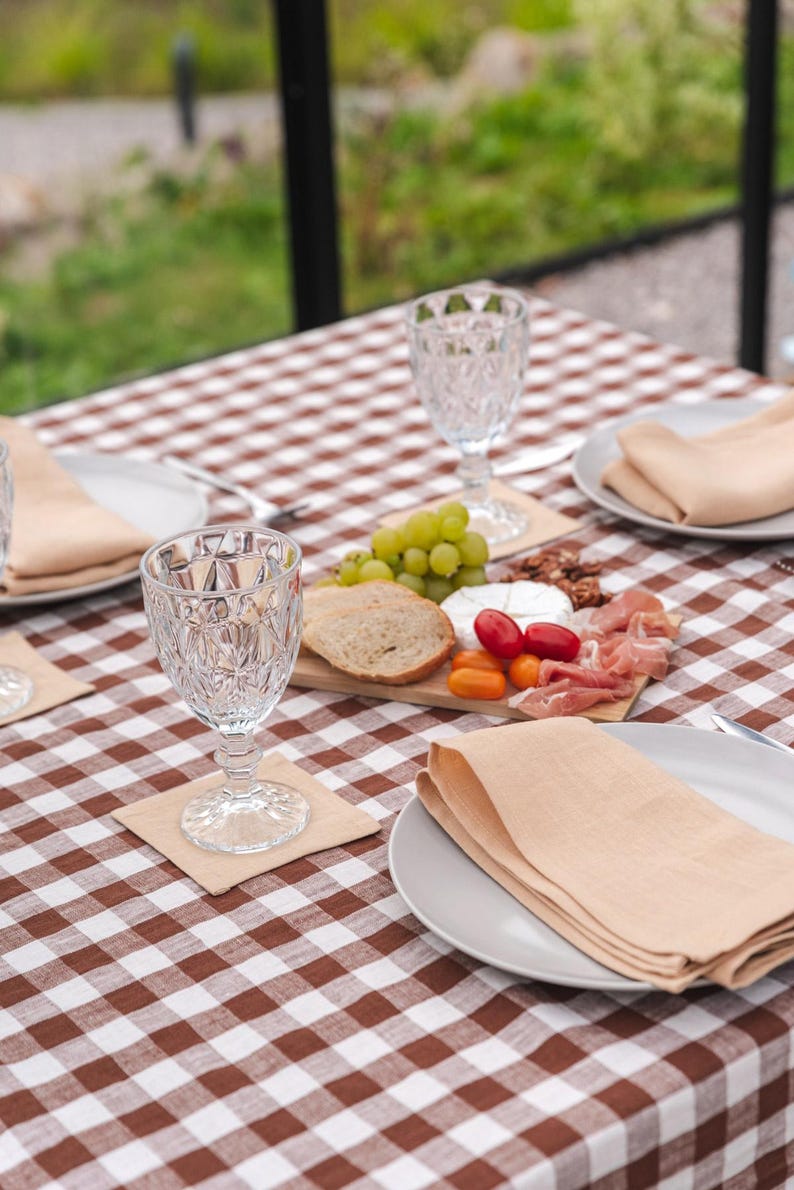 May include: A brown and white checkered tablecloth with a plate of food, a glass of water, and a napkin. The food includes grapes, bread, cheese, tomatoes, and prosciutto.