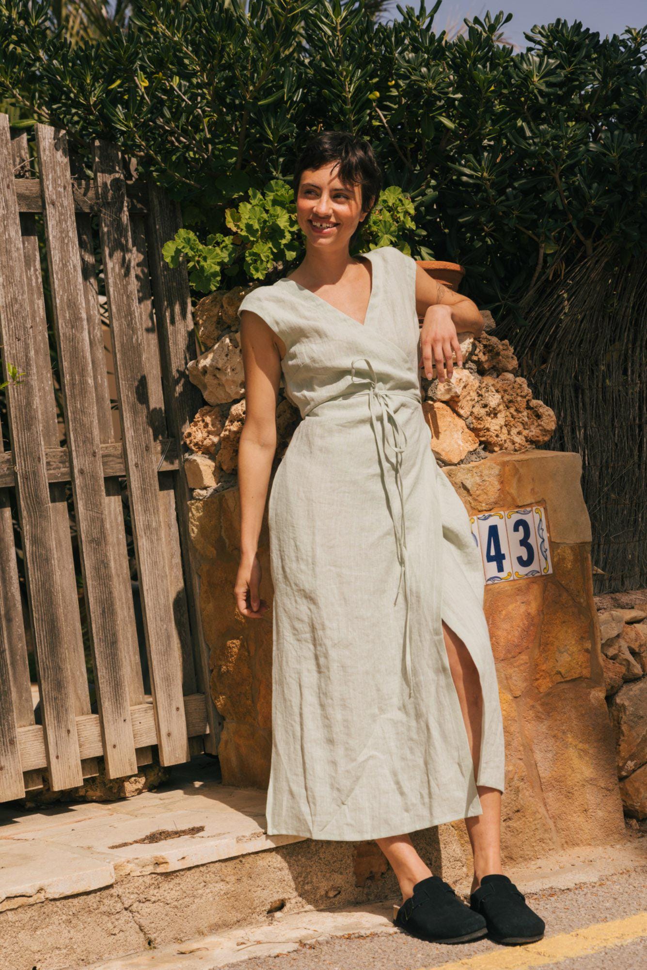 AURORA Linen Midi Wrap Dress. Linen Dress With Pockets - Etsy