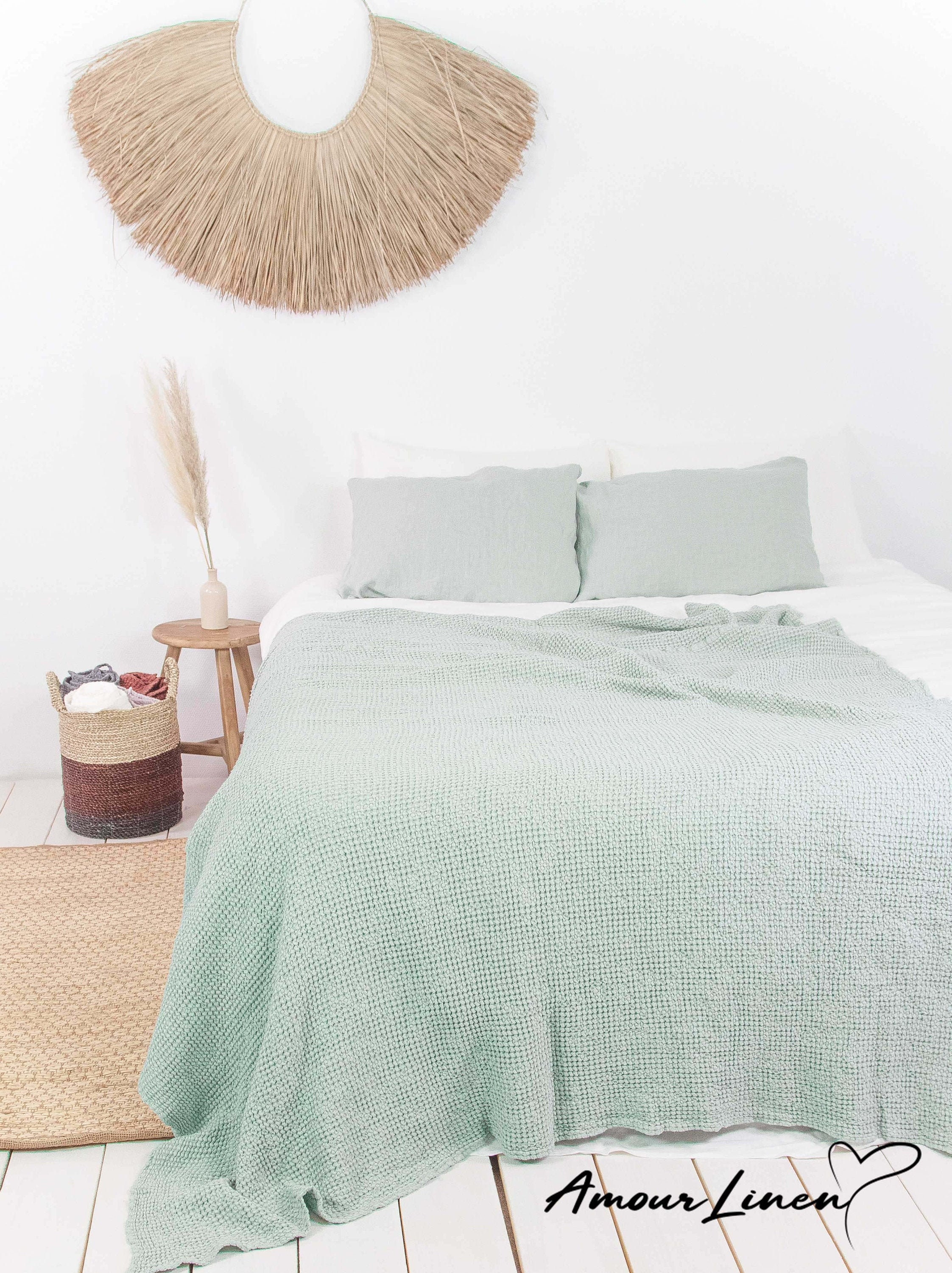 Sage Green Waffle Blanket Natural Minimalist Linen Cotton Etsy