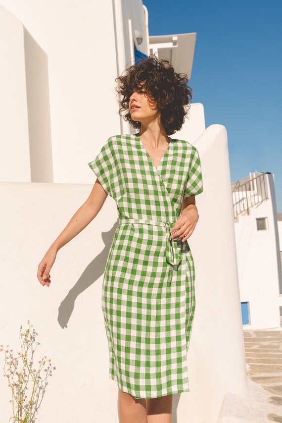 green and white wrap dress Olivia linen style:Bodycon