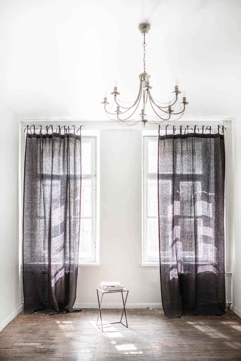 Linen Tie Top Curtain Charcoal Bohemian Curtains image 2