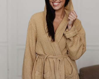 Waffle linen bathrobe SNUGGLE. Women waffle robe.