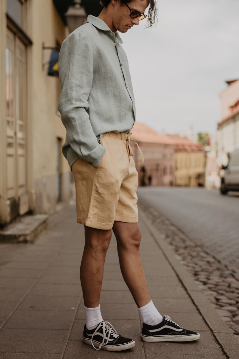 Classic linen shorts for men ARES. Men's linen summer shorts in mustard image 6