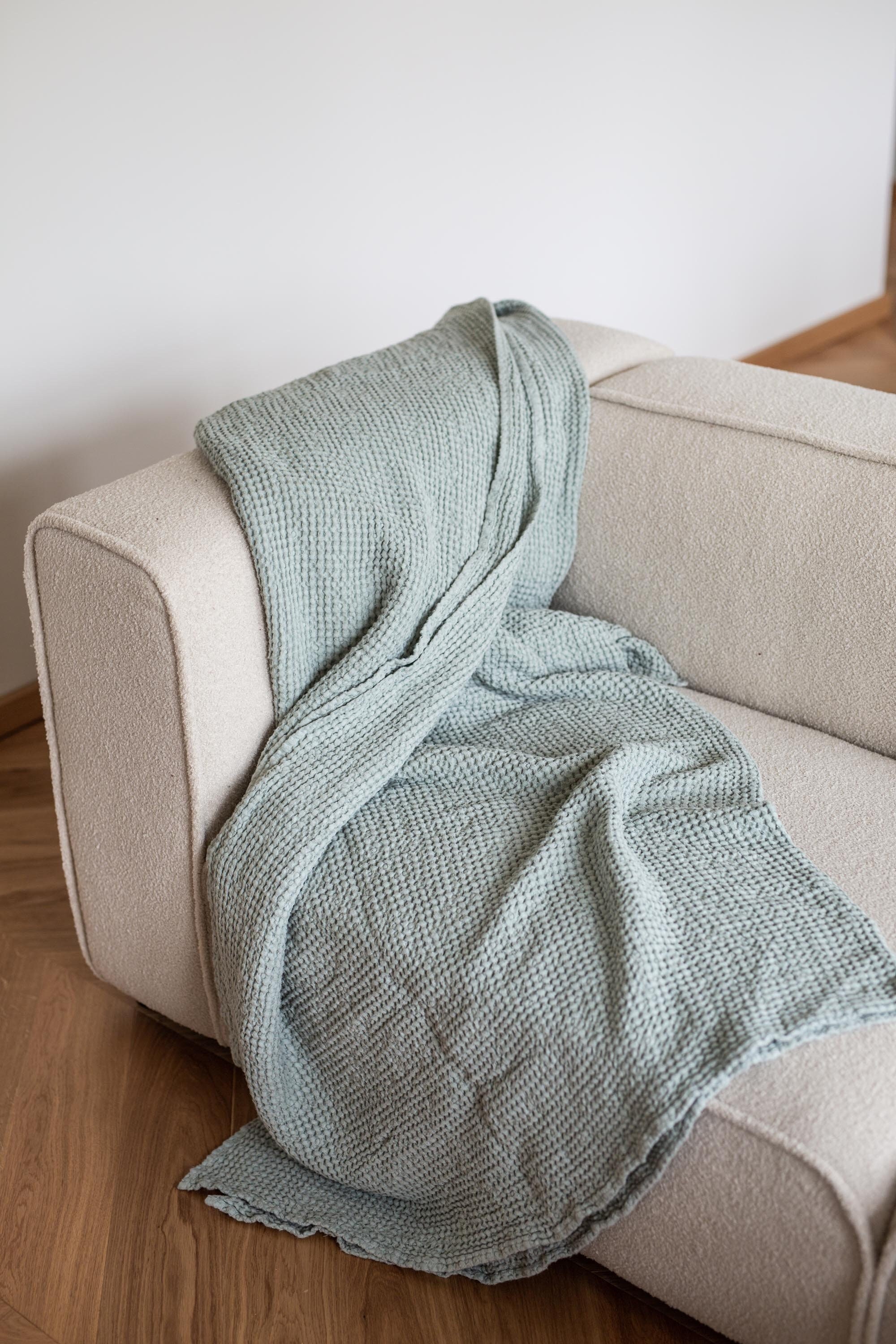 Linen Waffle Blanket in Sage Green. Sofa Cover in Green. Linen Etsy