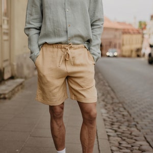 Classic linen shorts for men ARES. Men's linen summer shorts in mustard image 4