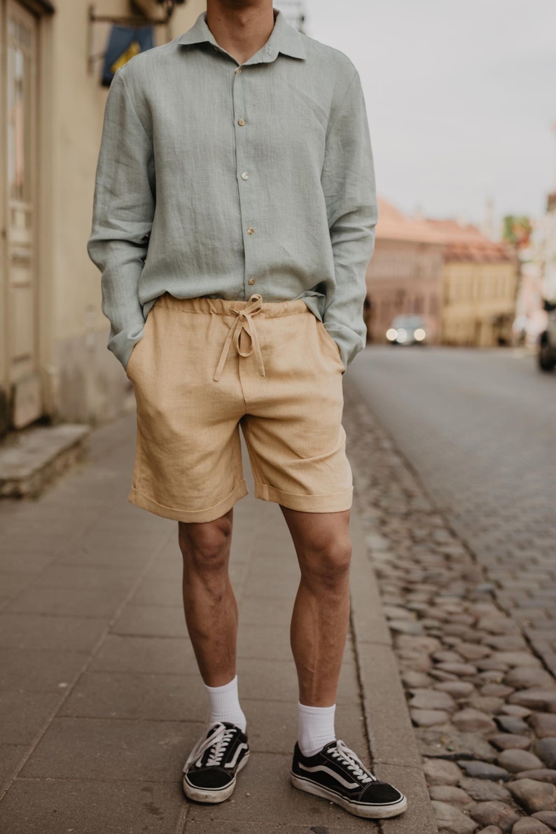 Classic linen shorts for men ARES. Men's linen summer shorts in mustard image 4