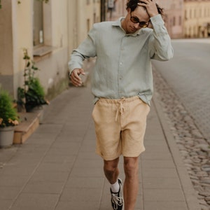 Classic linen shorts for men ARES. Men's linen summer shorts in mustard image 3