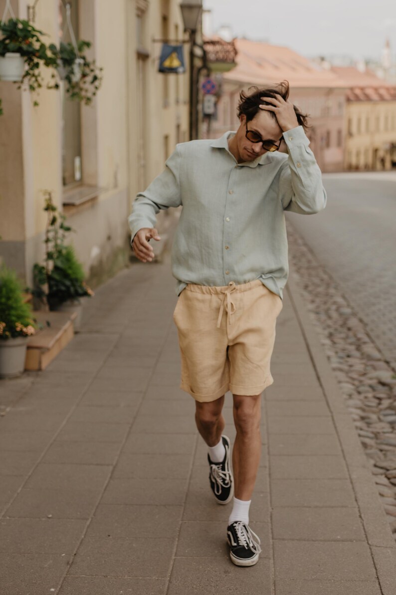 Classic linen shorts for men ARES. Men's linen summer shorts in mustard image 3