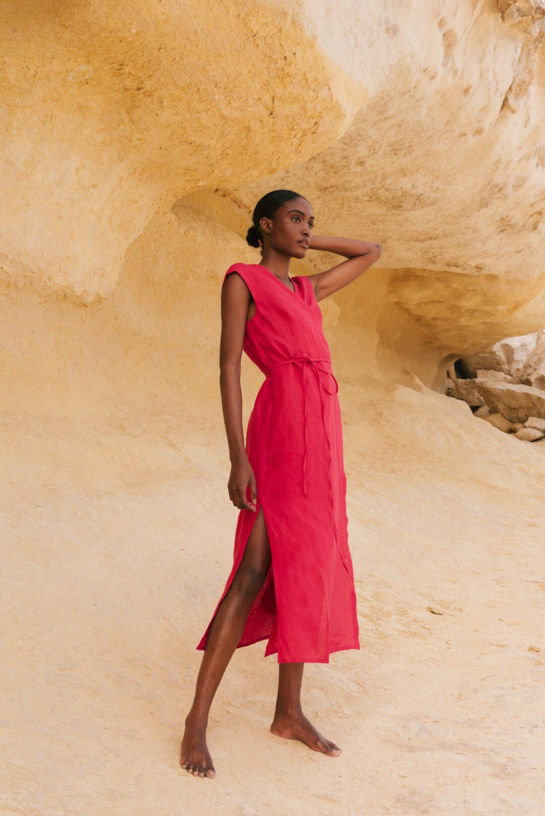 AURORA Linen midi wrap dress. Linen dress with pockets