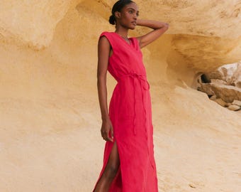 AURORA linen midi wrap dress. Linen dress with pockets