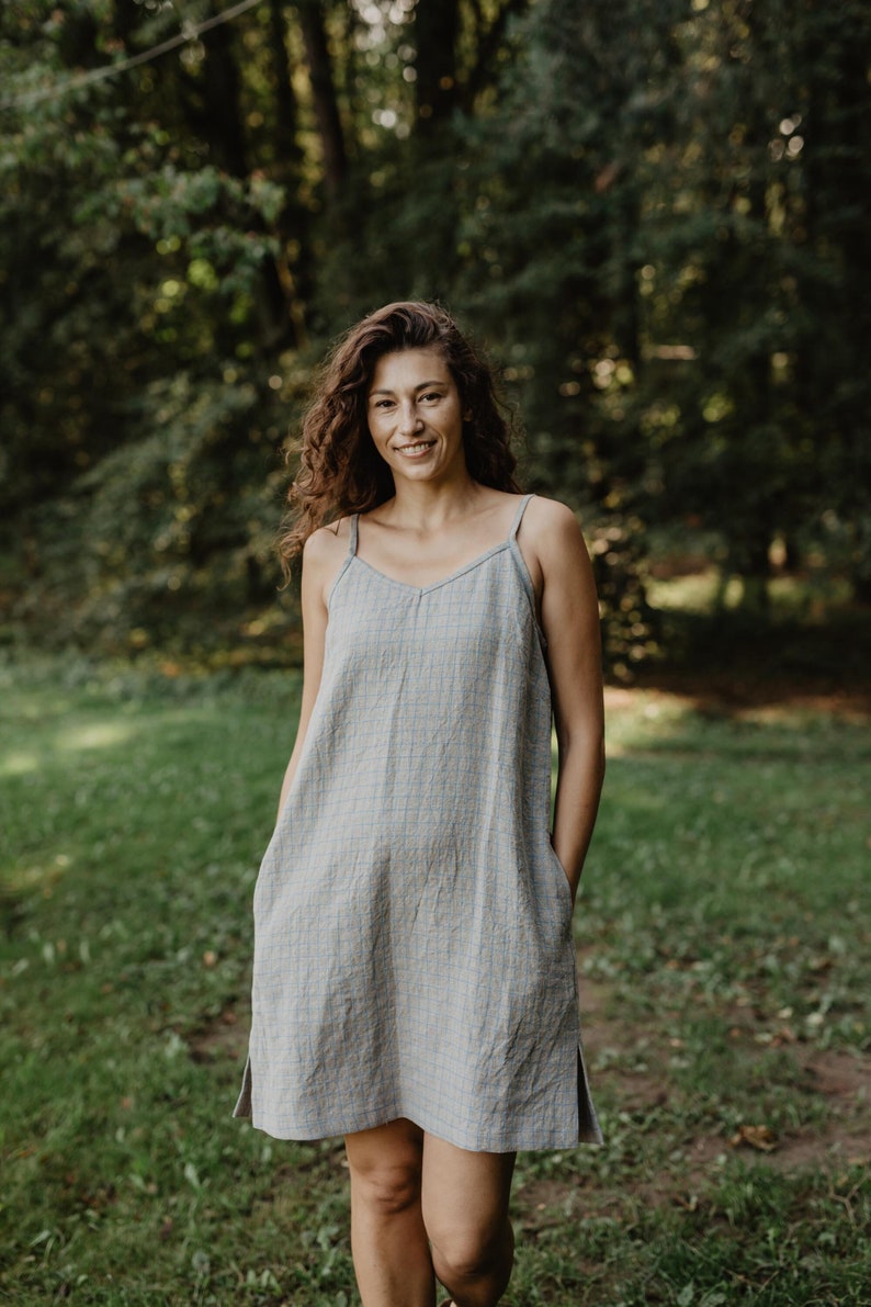 Linen slip dress ZOE. Loose linen dress CHECKERED