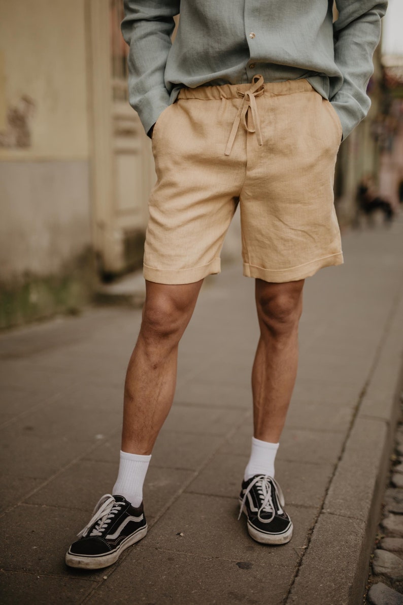 Classic linen shorts for men ARES. Men's linen summer shorts in mustard image 1