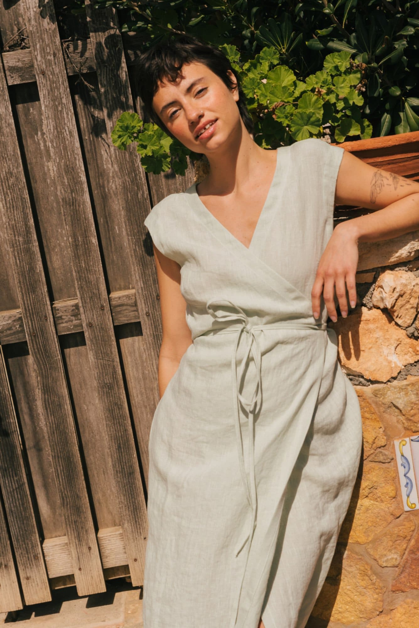 Aurora Linen Midi Wrap Dress. Linen Dress with Pockets