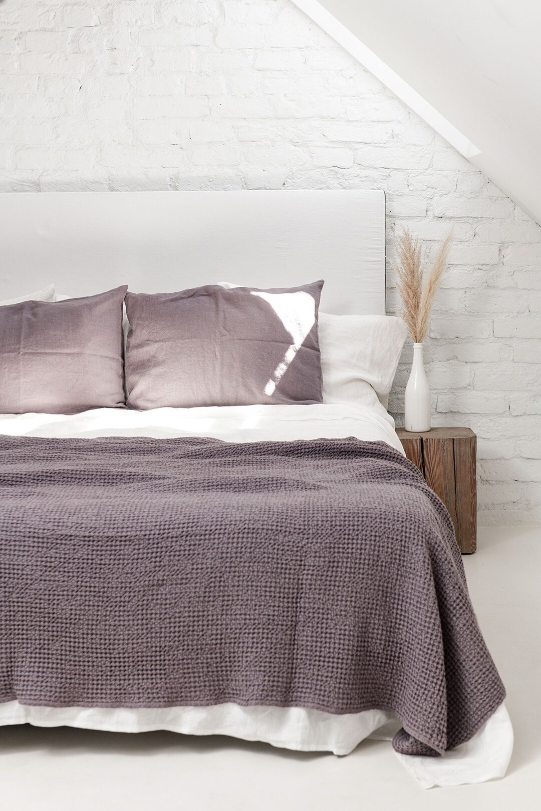 Lilac Waffle Bed Spread. Linen Waffle Bed Throw in Lavender. Dusty