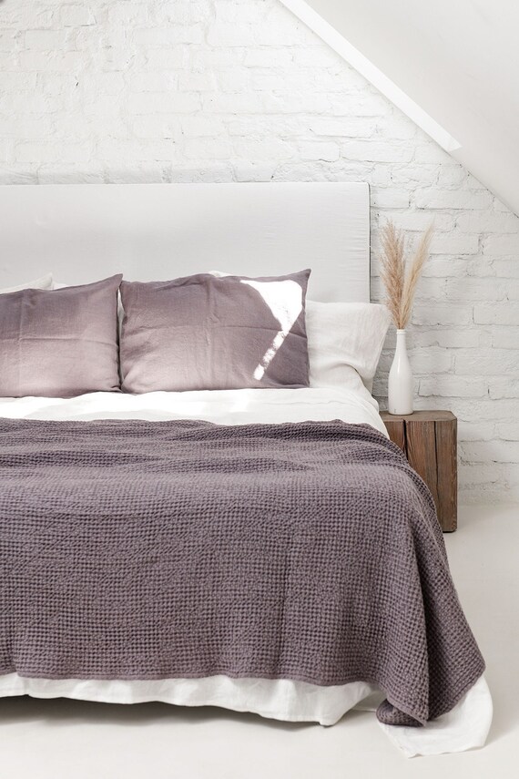 Lilac Waffle Bed Spread. Linen Waffle Bed Throw in Lavender. Dusty Lavender Linen Waffle Blanket Etsy UK