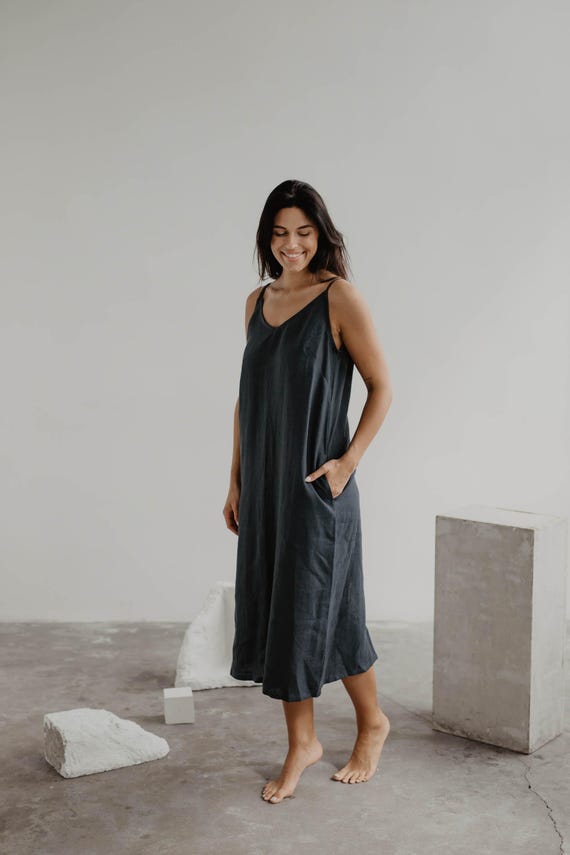 Charcoal Linen Slip Dress, Sleeveless Summer Dress With Pockets, Bridesmaid  Outfit, Gift for Girlfriend, Vacation Capsule Dress, JAKARTA - Etsy