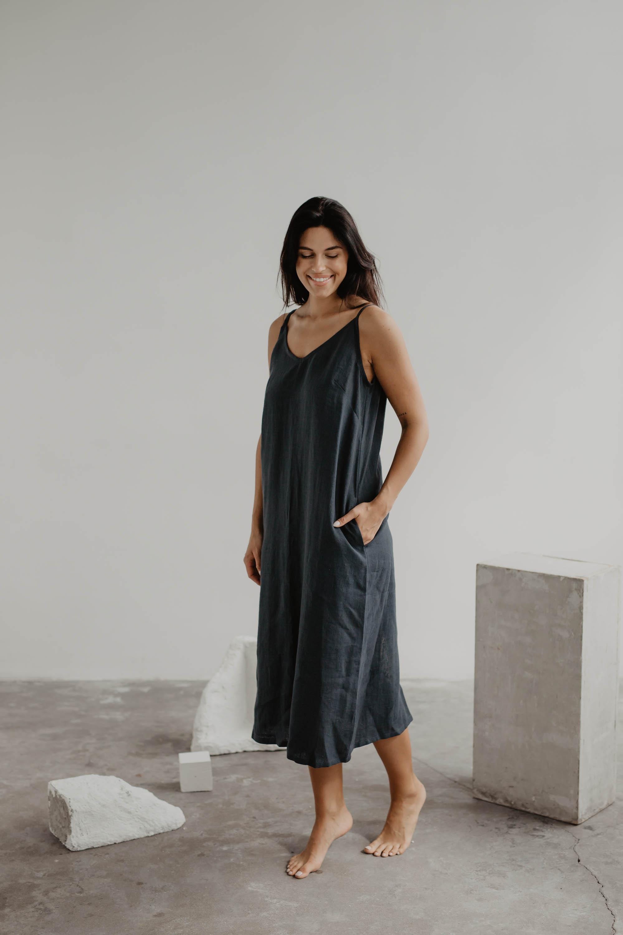 charcoal linen dress Handmade Linen Shirt Dress: Charcoal Grey Pleated Maxi