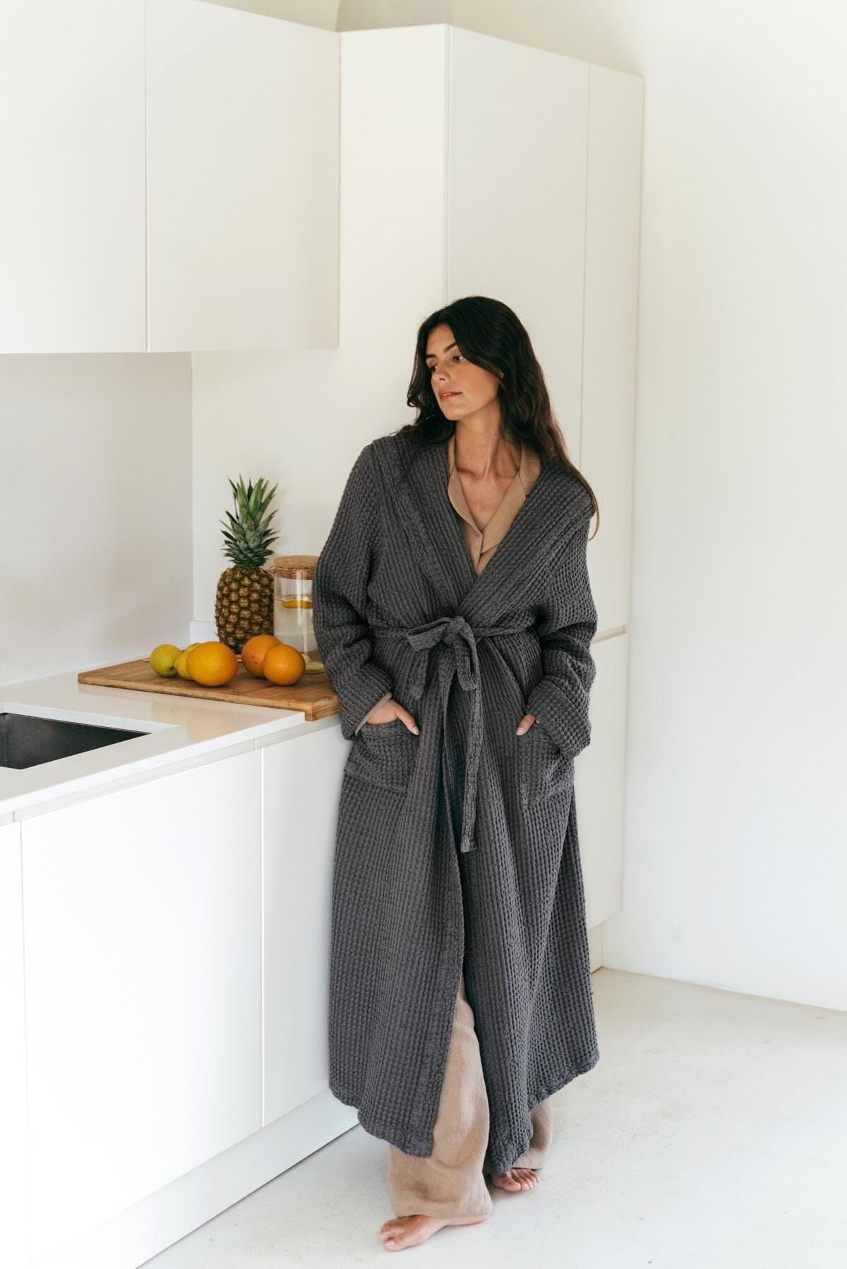 Waffle linen bathrobe SNUGGLE. Women waffle robe.