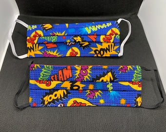 Máscara facial Kids Comic Book Words de 2 paquetes, lazos elásticos para los oídos lavables, nariz flexible.