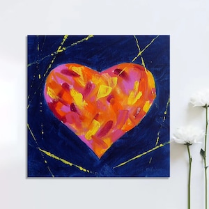 Abstract Heart Oil Painting, Colorful Love Wall Art, Hand-Painted Heart Canvas, Romantic Wall Decor, Vibrant Heart Artwork, Gift for Couples