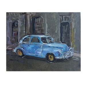 Blaue Vintage Auto Malerei, Retro Fahrzeug Öl Kunst, Oldtimer Wanddekor, Urbane Straßenszene Kunstwerk, Handgemalte Automobile Kunst 11 &quot;x 14&quot;