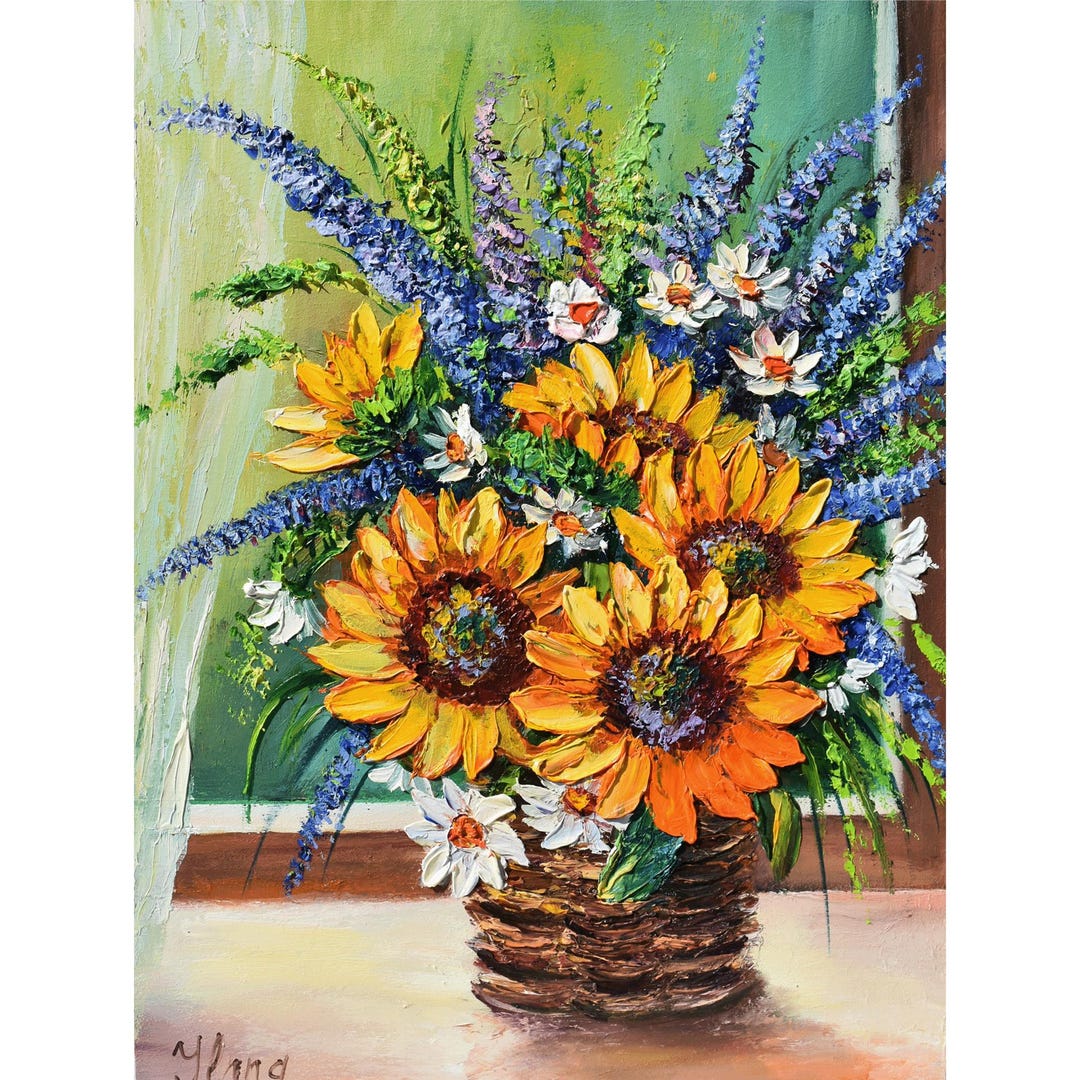 Vibrant Sunflower Oil Painting – Textured Floral Bouquet in Basket ...