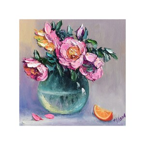 Pintura a óleo original com flores, natureza morta floral, buquê de peônias em vaso de vidro, decoração de parede botânica, presente pintado à mão