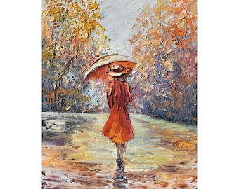 Dipinto a olio originale raffigurante una donna autunnale con ombrello, dipinto a spatola, paesaggio autunnale impressionista, arte murale