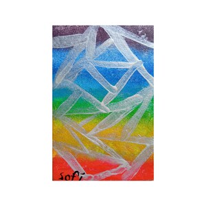 Pintura original geométrica colorida listrada, pequena abstrata, arte gradiente com mini cavalete, feita na Ucrânia, pequena arte moderna