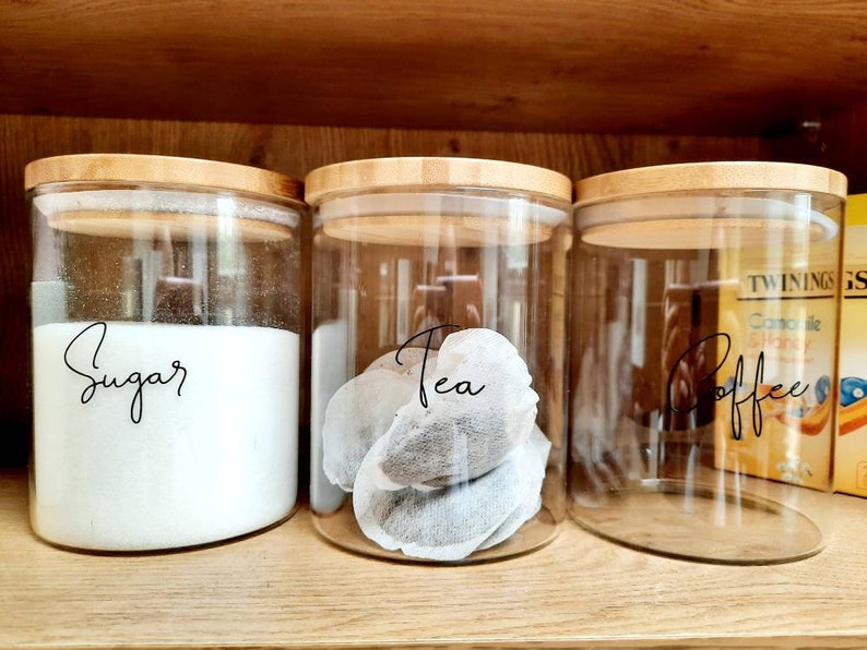 Tea Coffee Sugar Jars, Tea Coffee Sugar Jars,Bamboo Lid JArs, Glass JArs, Herbal Tea, Tea Coffee Sugar Canisters,Clear Jar Leather Loop Jar, 