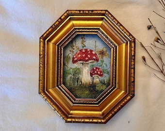 Vintage Mushroom Oil Painting: Miniature Still Life in Ornate Frame