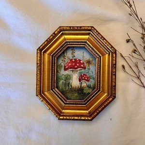 Vintage Mushroom Oil Painting: Miniature Still Life in Ornate Frame
