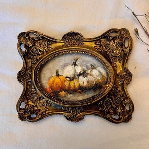 Vintage citrouille nature morte | Petite peinture à l'huile | Cuisine campagnarde française | Art mural de galerie | Cadre baroque fleuri | Peinture miniature | cadeau