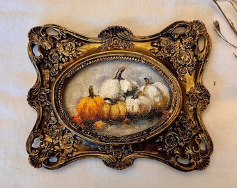 Vintage Pumpkin Oil Painting: Miniature Still Life in Ornate Baroque Frame