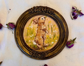 rond vintage encadré portrait de lapin antique original fait main lapin peinture lapin peinture à l'huile original peinture murale galerie lapin art