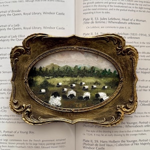 Sheep Meadow Oil Painting, Miniature Countryside Landscape in Vintage Style Frame