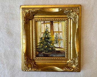 Framed Christmas Tree Oil Painting: Small Winter Landscape Art