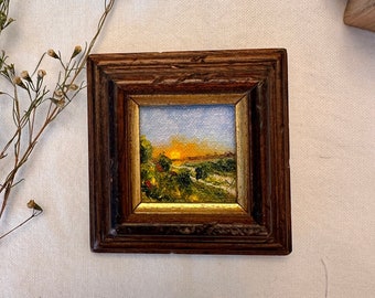 Klein plattelandsschilderij | Schilderij zonsondergang | Miniatuur olieverfschilderij | landelijke muurkunst | Sierlijke ingelijste kunstwerken | humeurig rustiek tafereel | cadeau: