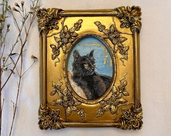 Miniature Black Cat Oil Painting: Gothic Ornate Frame Art, Wall Art