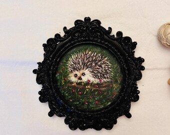 Kleines Igel Gemälde | Winziges Ölgemälde | Igel Porträt | Vintage-Stil | Igel Liebhaber Geschenk | Galerie Wandkunst | Verzierte Rahmenkunst