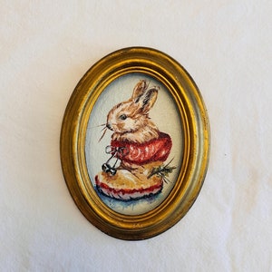 Conejito original enmarcado / Pintura de zapato de Papá Noel / Marco ovalado ornamentado / Pintura de conejo antigua / Conejito de humor vintage / Marco hecho a mano / Campo navideño