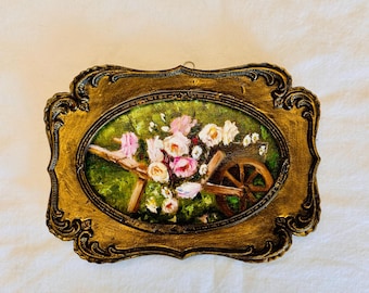Miniatuur olieverfschilderij | Sfeervolle bloemsierkunst | Galerijmuurkunst | Sierlijke gouden lijst | Stilleven | rozenkoets | authentieke interieurkunst