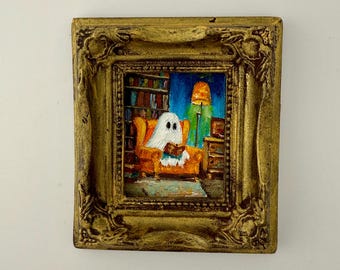 Charming Mini Ghost Oil Painting in an Elegant Frame - Handcrafted Halloween Decor