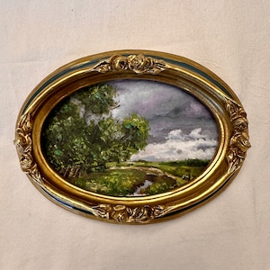 Ornate Framed Miniature Oil Painting: Vintage Countryside Landscape