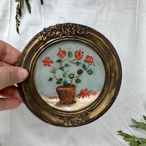 Tiny Geranium Oil Painting: Vintage Floral Still Life, Baroque Frame