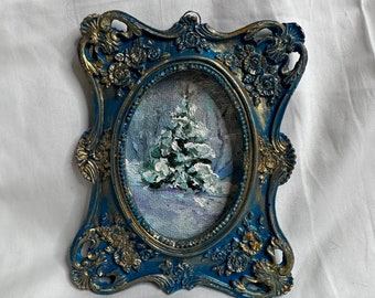 Framed Snowy Christmas Tree Painting: Vintage Winter Landscape Art