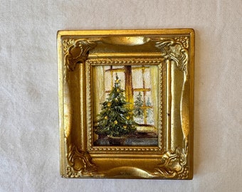 Weihnachtstraum: Kleines gerahmtes Weihnachts Baum Öl Gemälde, goldener Barock Rahmen | Original handgemalt | Geschenk | winterliche Feldkunst